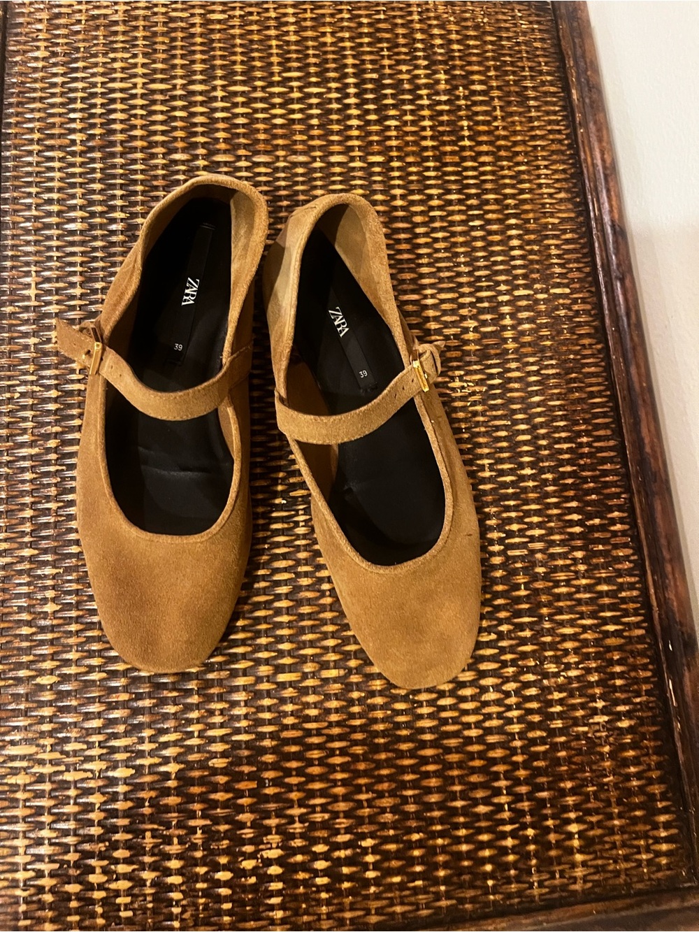 ZARA Tan Suede Mary Jane Loafers with Buckle Strap